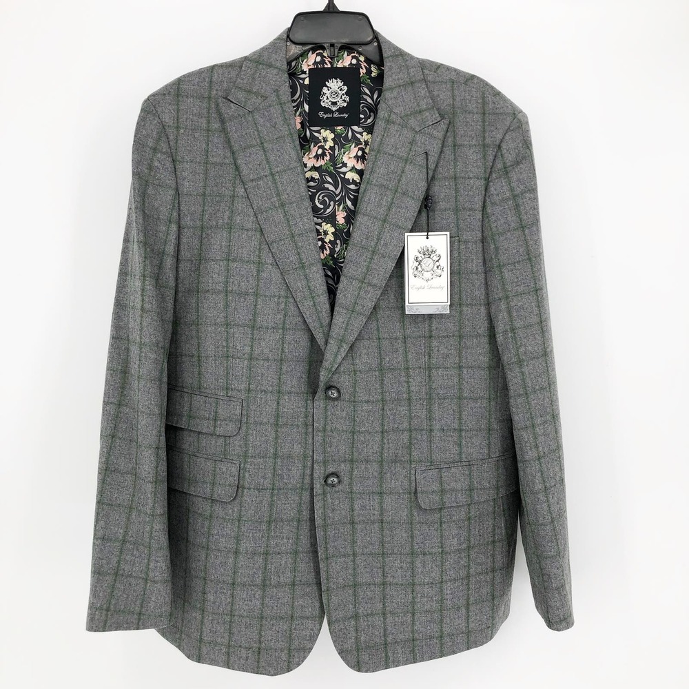 ENGLISH LAUNDRY Wool Vest Suit Jacket 46R Grey 2PC Slim Fit Windowpane NWT